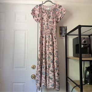 365 pink‎ viscose floral short sleeve ruffle smocked waist midi dress
